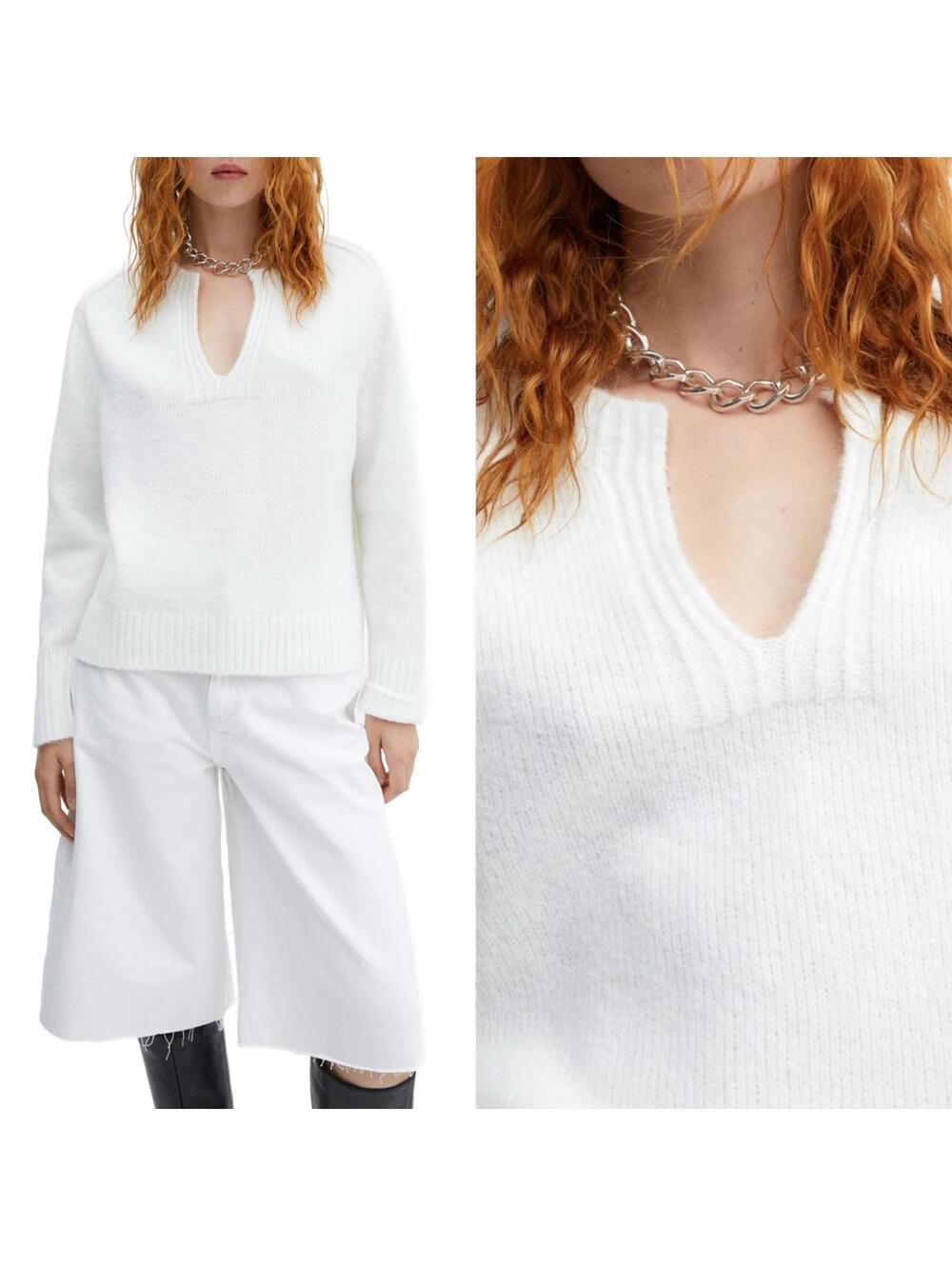 Mango Wool Blend V-Neck Round-Neck Sweater Nieves White Jersey XS